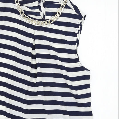 Close-up detail of Atmosphere women’s blue striped basic blouse, size UK 12, - chain detail
