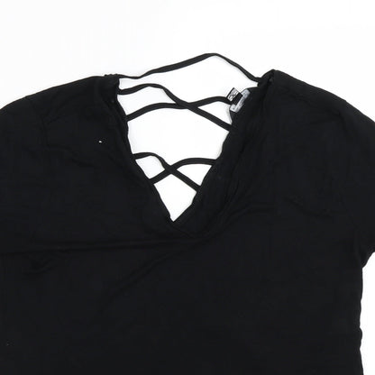 Close-up detail of Miss Selfridge women’s black basic t-shirt, size UK 6