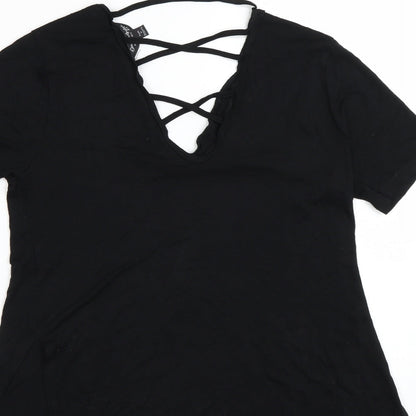 Brand and care label for Miss Selfridge women’s black basic t-shirt, size UK 6