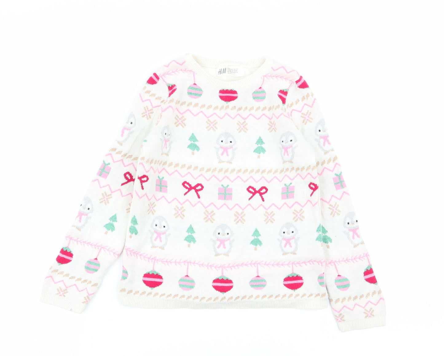 H&M Girls Ivory Geometric  Pullover Jumper Size 4-5 Years  - chrismtas