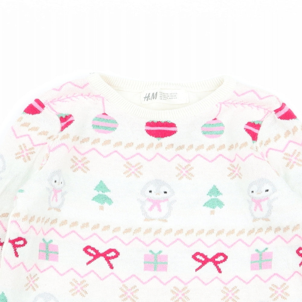 H&M Girls Ivory Geometric  Pullover Jumper Size 4-5 Years  - chrismtas
