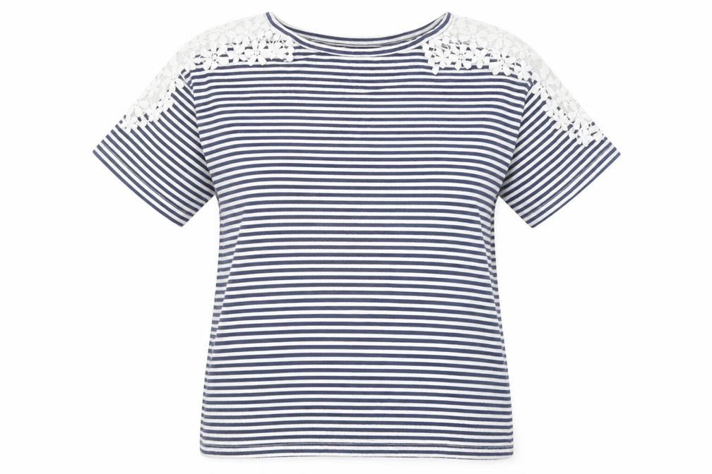 Avenue Womens White Striped  Basic T-Shirt Size 8