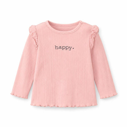 Front view of F&F girls’ pink basic blouse, size 6-9, months - happy