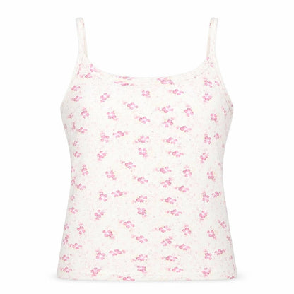 Front view of Dunnes women’s white floral basic tank, size UK 10