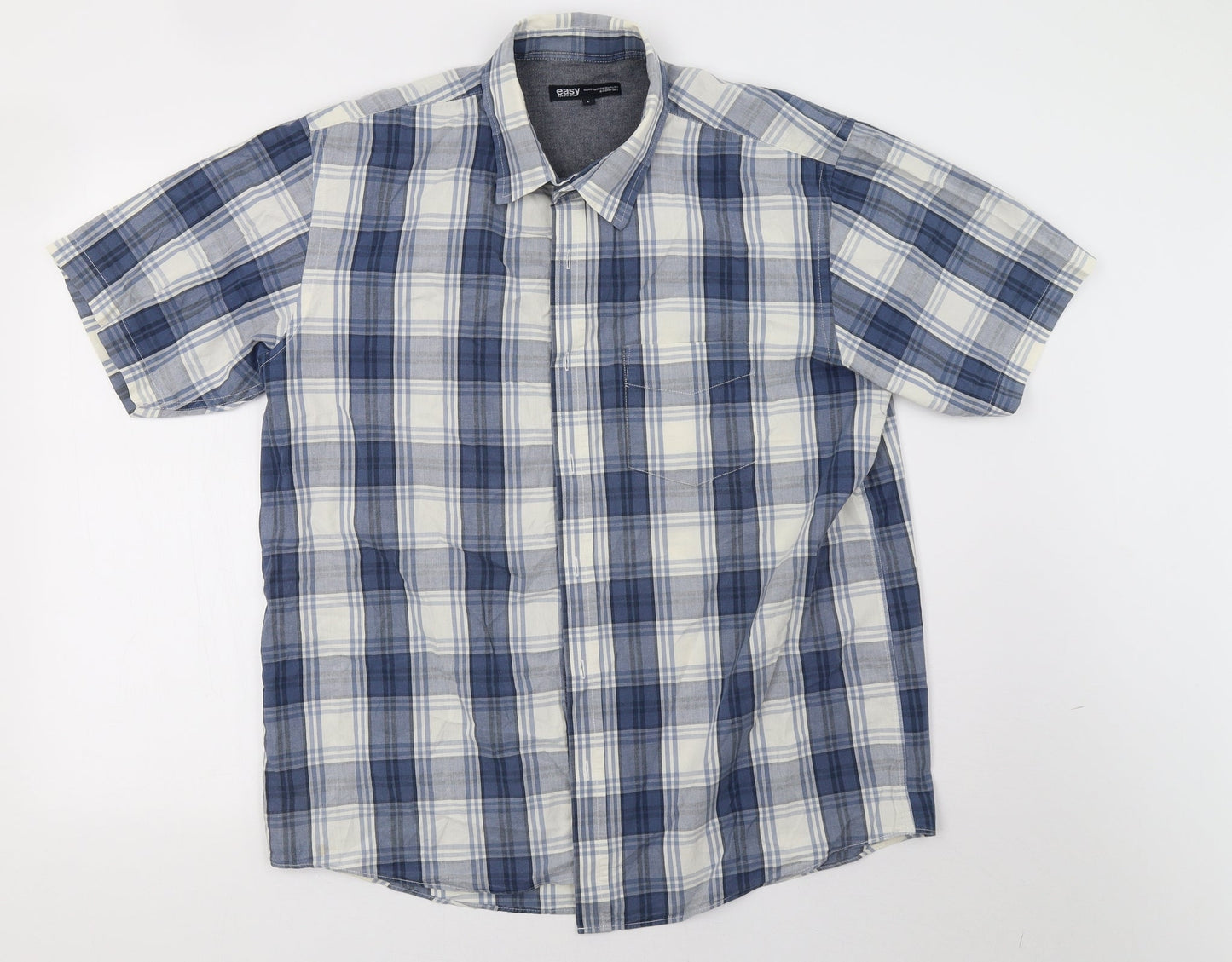 Easy Mens Blue Herringbone   Button-Up Size L