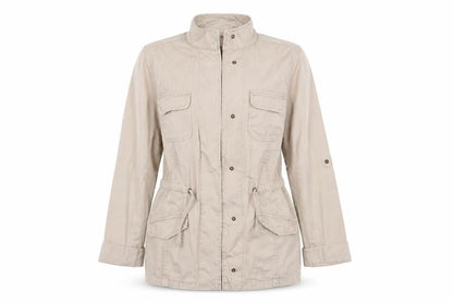 Front view of Dorothy Perkins women’s beige parka coat, size UK 8