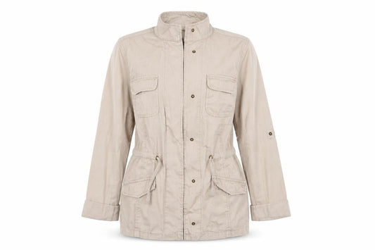 Front view of Dorothy Perkins women’s beige parka coat, size UK 8