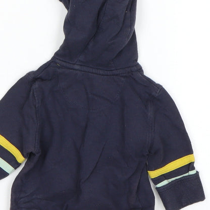 Brand and care label for Mini Club boys’ blue full zip jumper, size 3-6, months