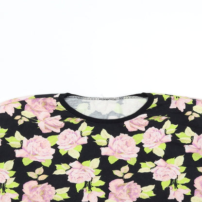 Close-up detail of ASOS women’s black floral basic t-shirt, size UK 10