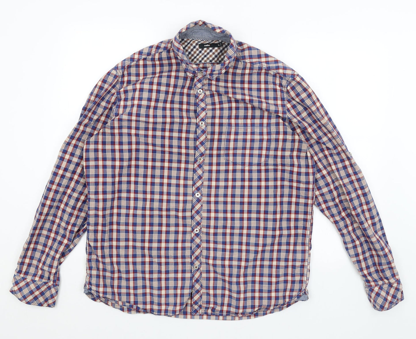 Celio Mens Blue Plaid   Button-Up Size XL