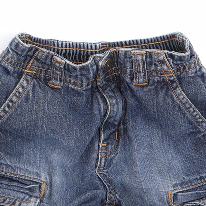Close-up detail of Gymboree boys’ blue cargo jeans, size 12-18, months