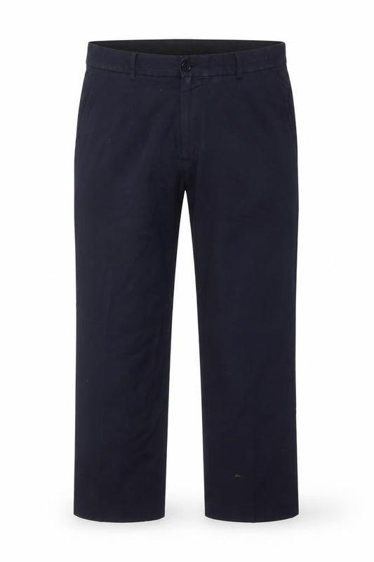 Front view of Taylor & Wright men’s blue trousers, size 36, in, 31-inch leg