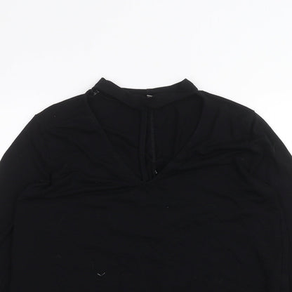 Close-up detail of ASOS women’s black basic t-shirt, size UK 6