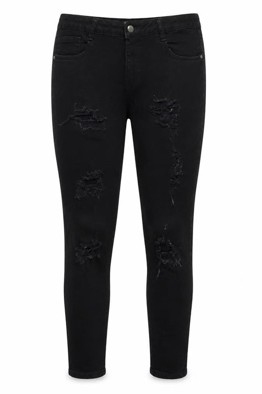 Front view of Denim & Co. women’s black denim skinny jeans, size UK 12, 28-inch leg