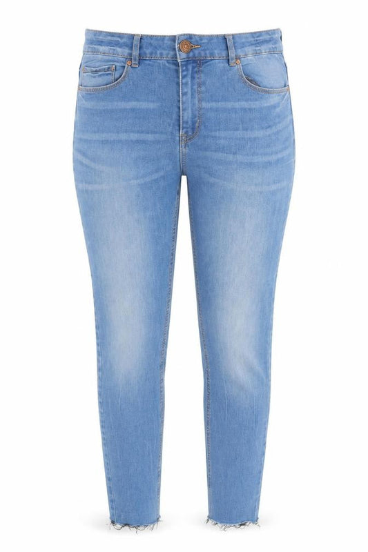 Front view of Papaya women’s blue denim skinny jeans, size UK 8, 27-inch leg
