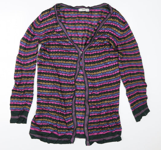 Zara Womens Green Striped  Cardigan Jumper Size S