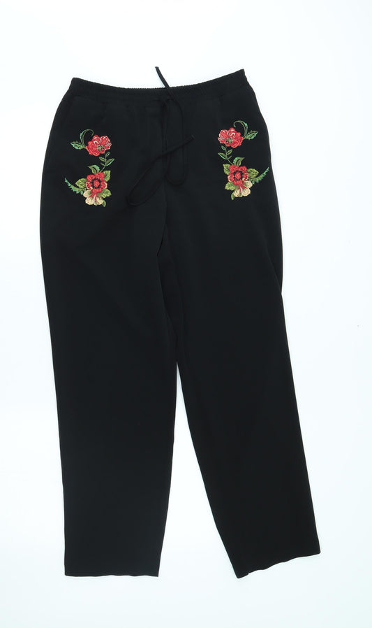 M&S Womens Black   Capri Trousers Size 10 L27 in - flower detail
