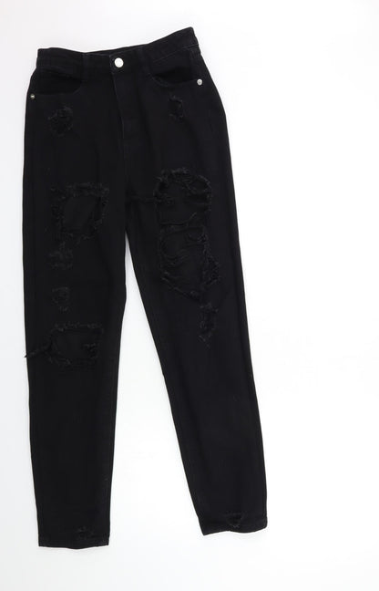 Additional front view of Missguided women’s black denim mom jeans, size UK 6, 29-inch leg