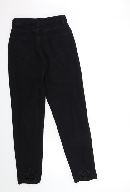 Back view of Missguided women’s black denim mom jeans, size UK 6, 29-inch leg
