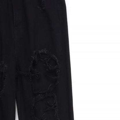 Close-up detail of Missguided women’s black denim mom jeans, size UK 6, 29-inch leg