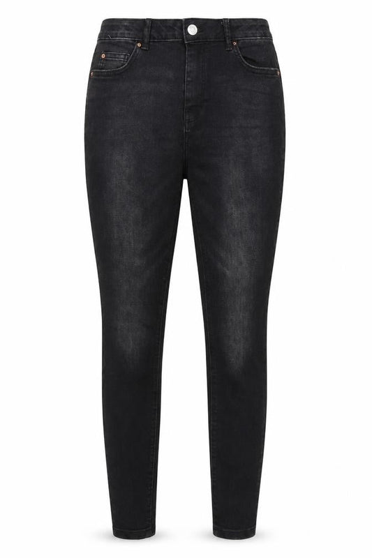 Front view of Denim & Co. women’s black denim skinny jeans, size UK 12, 28-inch leg