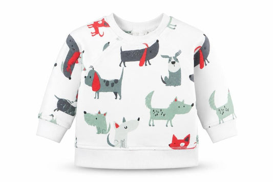 Front view of Next boys’ white animal print jumper, size 0-3, months