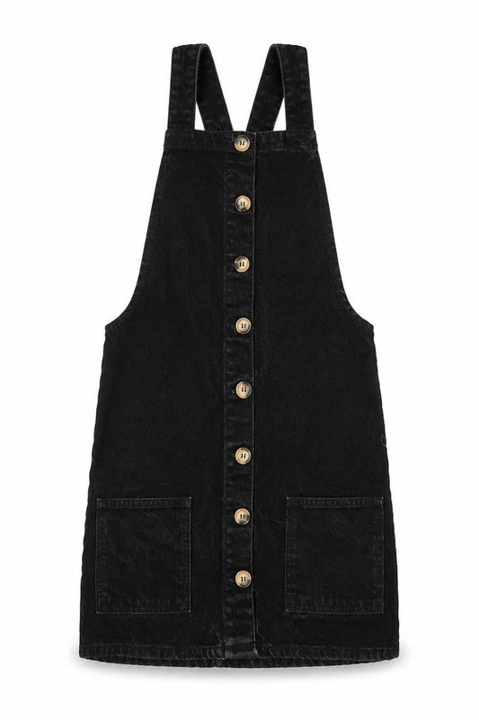 Front view of DENIM CO. women’s black dungaree one-piece, size UK 6