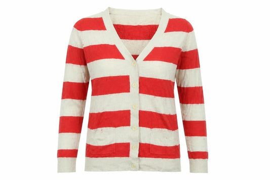 Front view of Papaya women’s red striped cardigan jumper, size UK 10