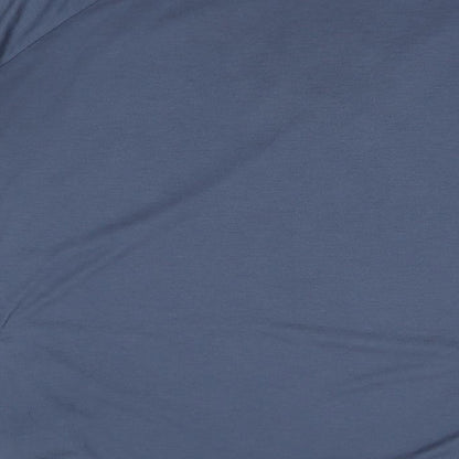 Brand and care label for Atmosphere women’s blue basic t-shirt, size UK 8