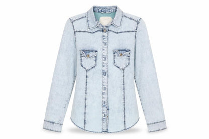 Front view of Denim Co women’s blue denim basic button-up, size UK 8