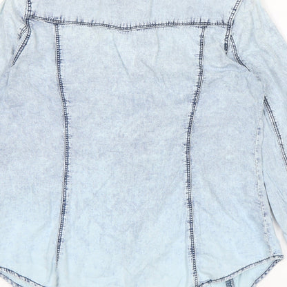 Brand and care label for Denim Co women’s blue denim basic button-up, size UK 8
