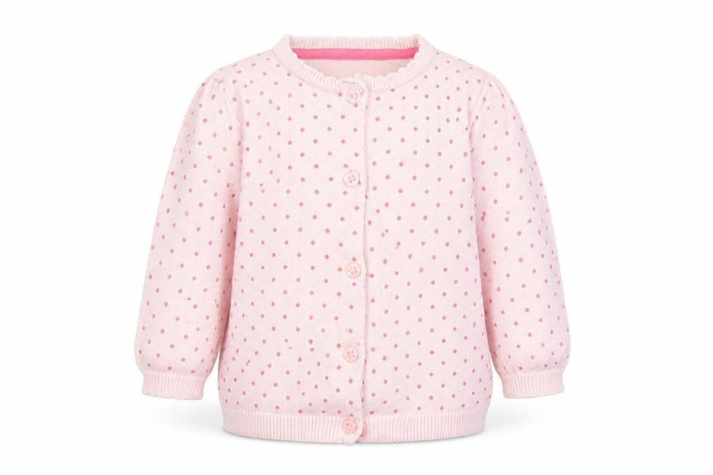 Front view of F&F girls’ pink polka dot cardigan jumper, size 3-6, months