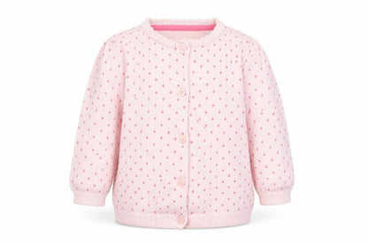 Front view of F&F girls’ pink polka dot cardigan jumper, size 3-6, months