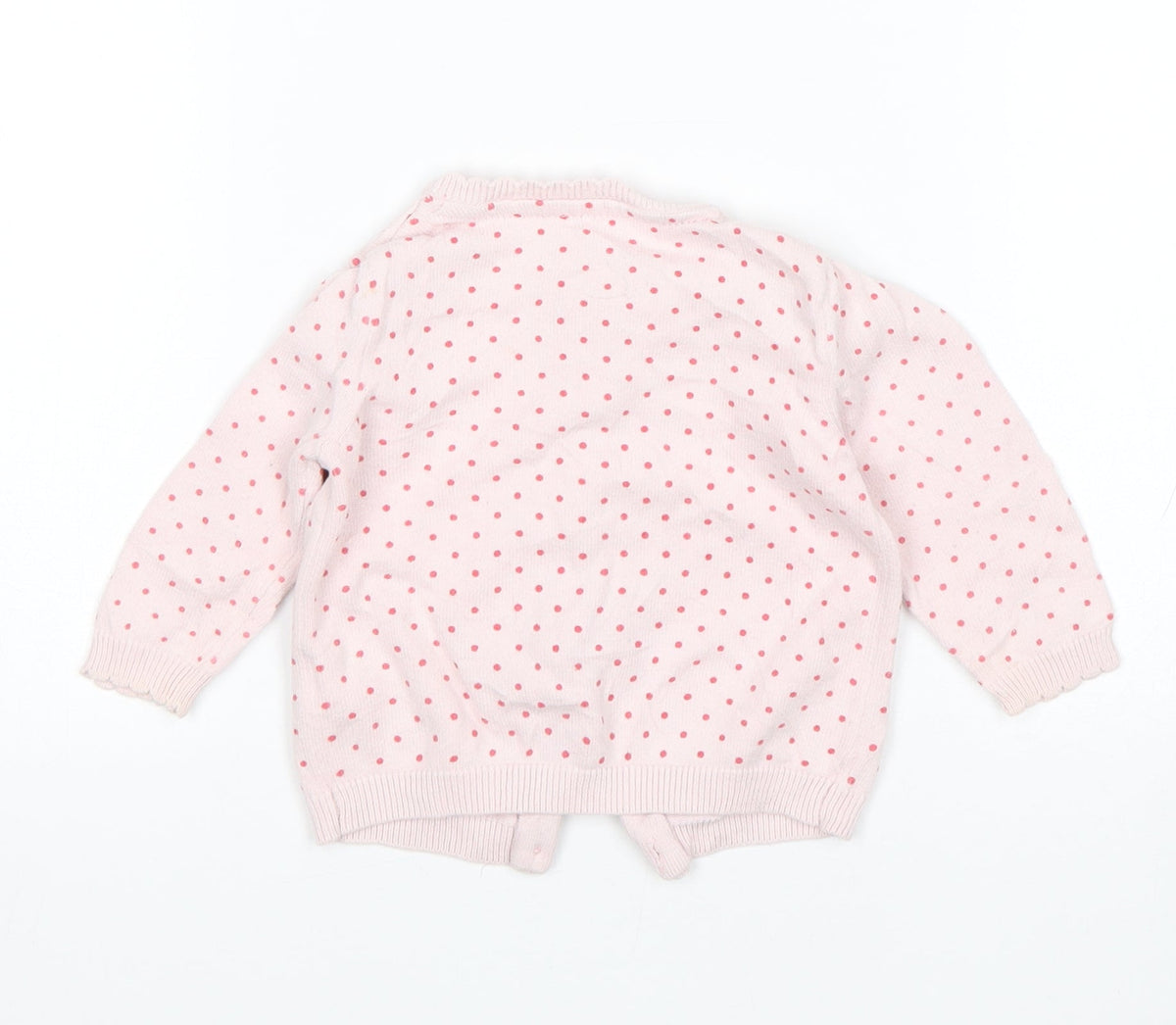 Back view of F&F girls’ pink polka dot cardigan jumper, size 3-6, months