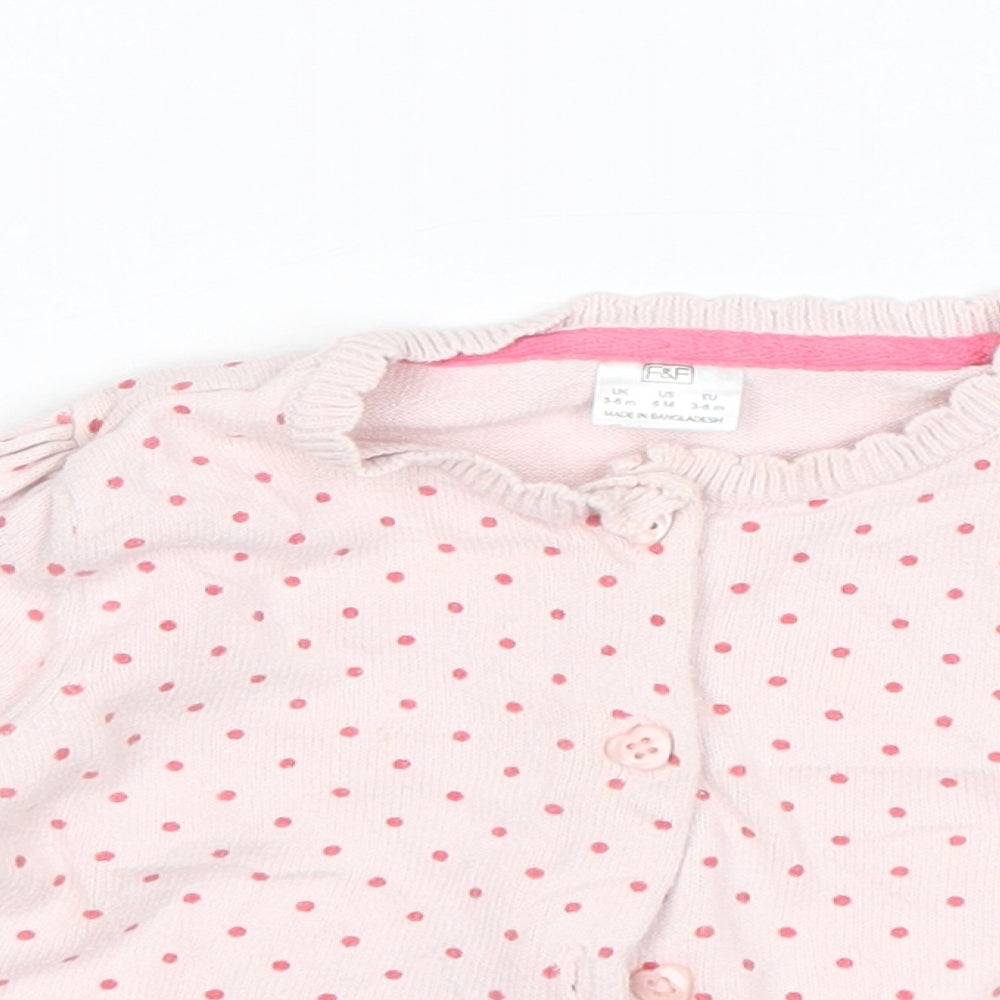 Close-up detail of F&F girls’ pink polka dot cardigan jumper, size 3-6, months