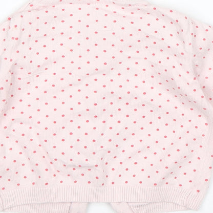 Brand and care label for F&F girls’ pink polka dot cardigan jumper, size 3-6, months