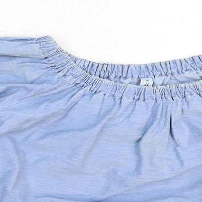 Close-up detail of Denim & Co. women’s blue denim basic t-shirt, size UK 14