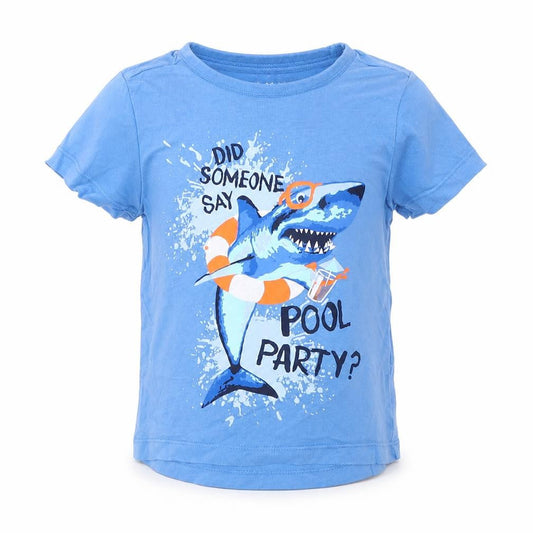 Front view of Nutmeg boys’ blue basic t-shirt, size 12-18, months - did someone say pool party? sharks