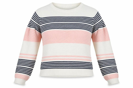 Front view of Atmosphere women’s white striped knit jumper, size UK 12
