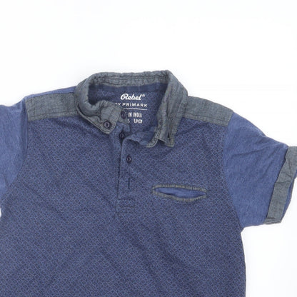 Close-up detail of Rebel boys’ blue geometric basic polo, size 8-9, years