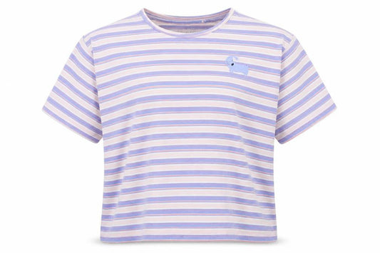 Front view of Next girls’ multicoloured striped basic t-shirt, size XS, - dog