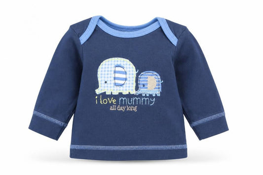 Front view of Mothercare boys’ blue basic t-shirt, size 0-3, months