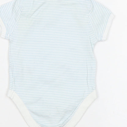 Brand and care label for F&F boys’ multicoloured striped leotard one-piece, size 0-3, months