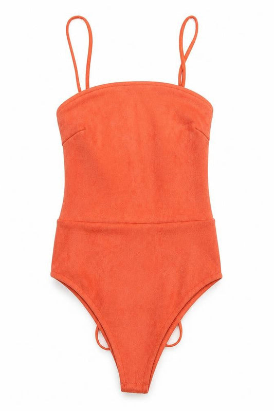 Front view of In the Style women’s orange velvet bodysuit one-piece, size UK 10