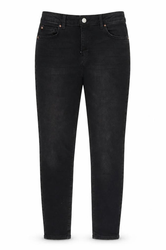 Front view of Denim & Co. women’s black denim skinny jeans, size UK 14, 27-inch leg
