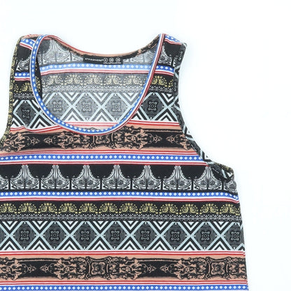 Close-up detail of Atmosphere women’s multicoloured geometric basic t-shirt, size UK 8