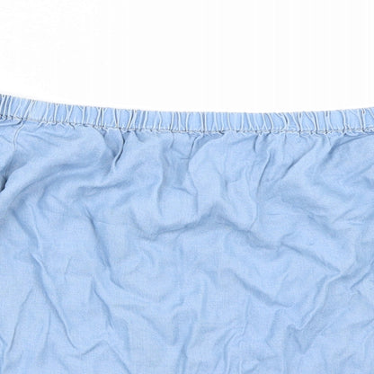 Close-up detail of Miss Selfridge women’s blue cropped t-shirt, size UK 12