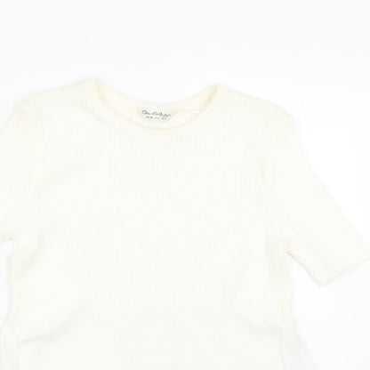 Close-up detail of Miss Selfridge women’s white basic t-shirt, size UK 10
