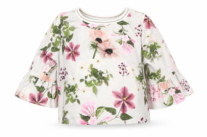 Front view of Evie girls’ grey floral basic blouse, size 7, years