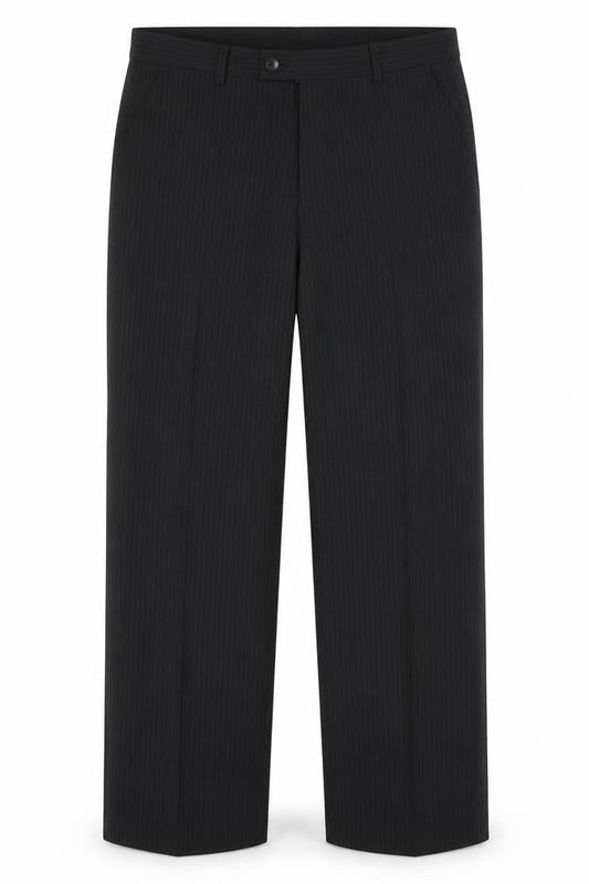 Front view of Taylor & Wright men’s black striped dress pants trousers, size 32, in, 31-inch leg